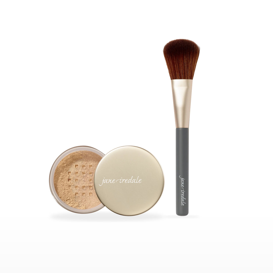 Amazing Base Loose Mineral Powder &amp; Powder Complexion Brush Bundle. Golden Glow - medium with strong gold undertones Ⓥ. Included products grouped on white.