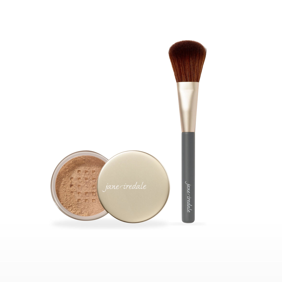 Amazing Base Loose Mineral Powder &amp; Powder Complexion Brush Bundle. Autumn - medium/dark with strong peach/gold undertones Ⓥ. Included products grouped on white.