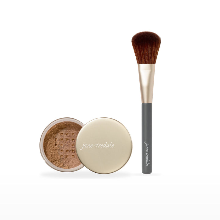 Amazing Base Loose Mineral Powder &amp; Powder Complexion Brush Bundle. Warm Brown - deep with gold/brown undertones Ⓥ. Included products grouped on white.