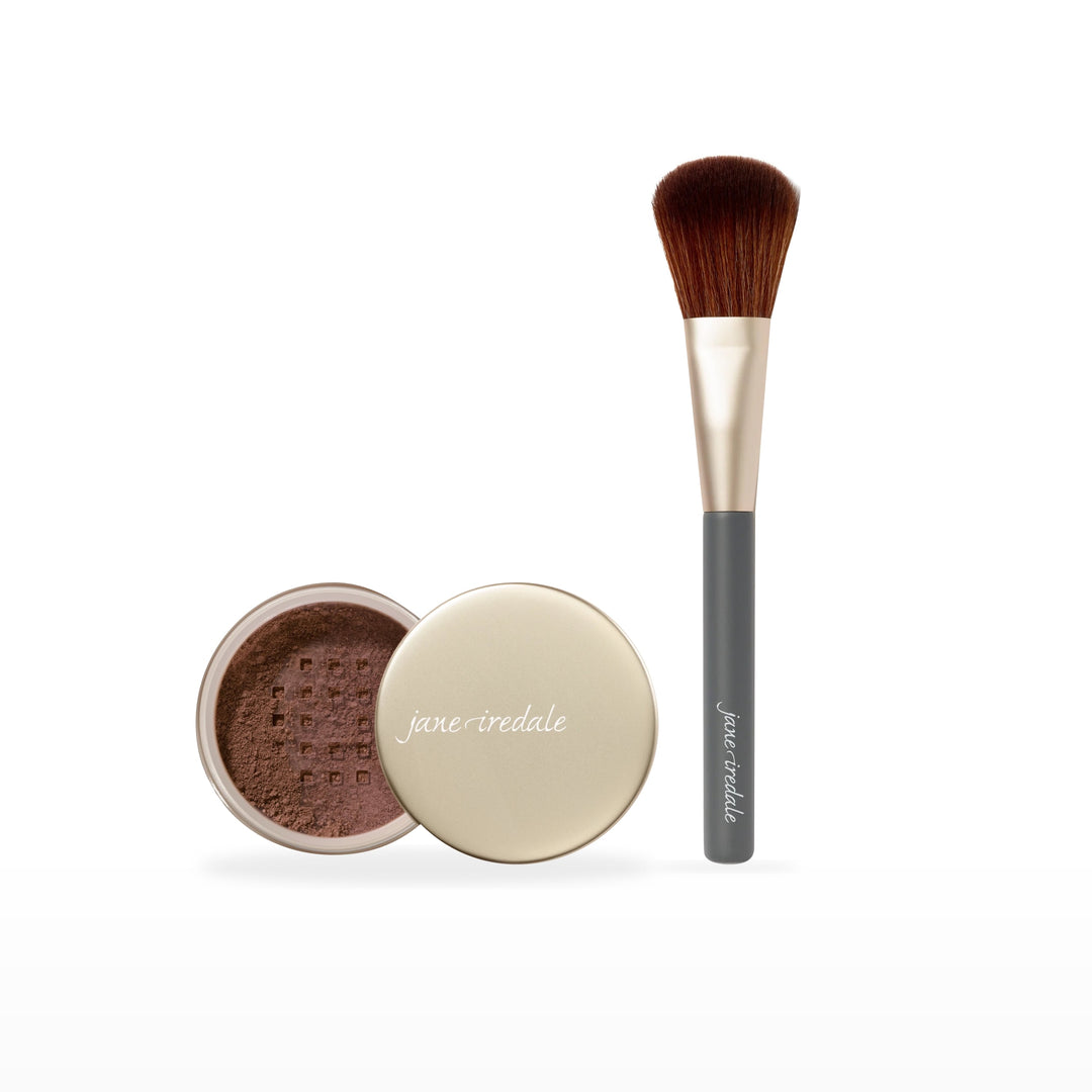 Amazing Base Loose Mineral Powder &amp; Powder Complexion Brush Bundle. Mahogany - deep with neutral brown undertones Ⓥ. Included products grouped on white.