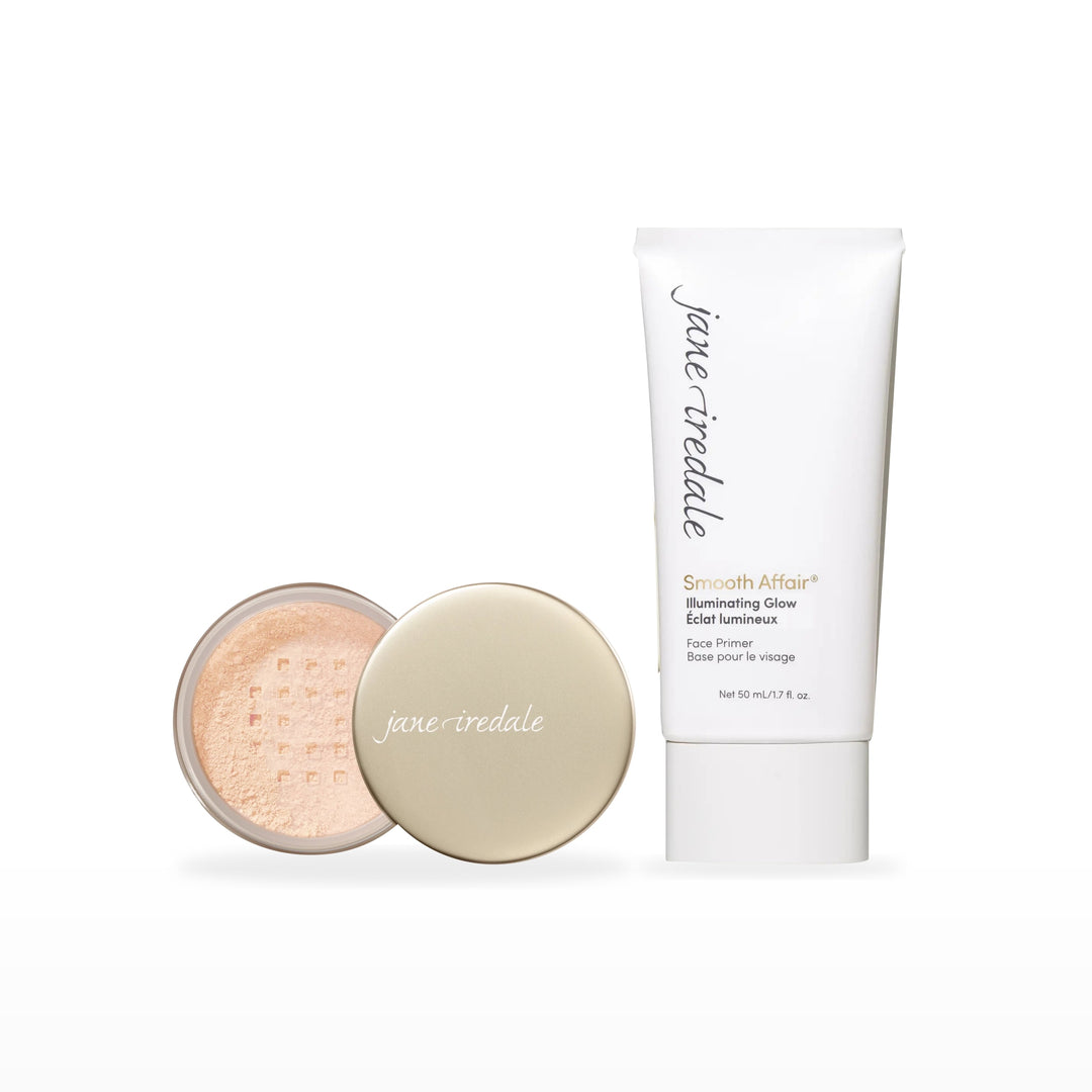 Amazing Base Loose Mineral Powder &amp; Smooth Affair Primer Bundle. Ivory - fair with neutral undertones Ⓥ / Illuminating Glow Face Primer Ⓥ. Included products grouped on white.