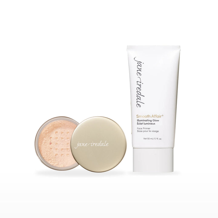 Amazing Base Loose Mineral Powder &amp; Smooth Affair Primer Bundle. Ivory - fair with neutral undertones Ⓥ / Illuminating Glow Face Primer Ⓥ. Included products grouped on white.