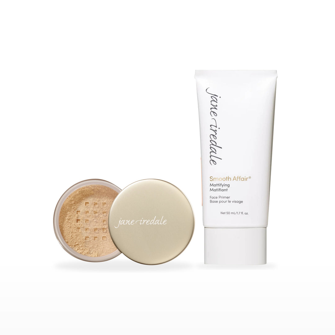 Amazing Base Loose Mineral Powder &amp; Smooth Affair Primer Bundle. Warm Silk - light with gold undertones Ⓥ / Mattifying Face Primer Ⓥ. Included products grouped on white.