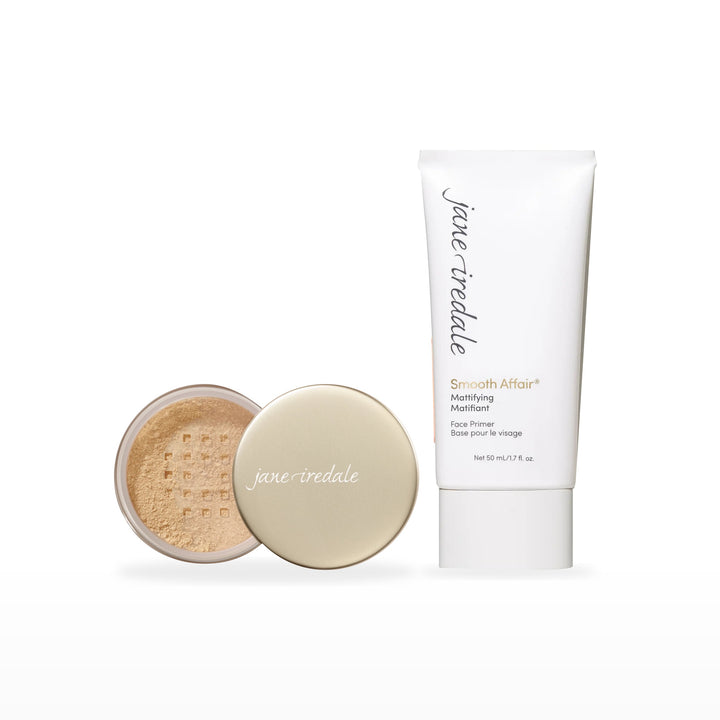 Amazing Base Loose Mineral Powder &amp; Smooth Affair Primer Bundle. Warm Silk - light with gold undertones Ⓥ / Mattifying Face Primer Ⓥ. Included products grouped on white.