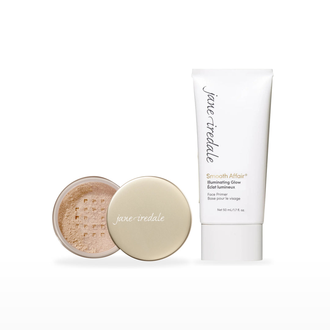 Amazing Base Loose Mineral Powder &amp; Smooth Affair Primer Bundle. Natural - medium light with pink undertones Ⓥ / Illuminating Glow Face Primer Ⓥ. Included products grouped on white.