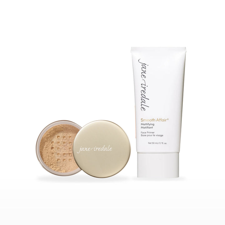 Amazing Base Loose Mineral Powder &amp; Smooth Affair Primer Bundle. Golden Glow - medium with strong gold undertones Ⓥ / Mattifying Face Primer Ⓥ. Included products grouped on white.