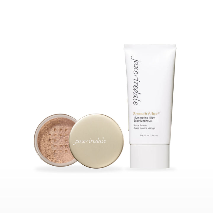 Amazing Base Loose Mineral Powder &amp; Smooth Affair Primer Bundle. Riviera - medium/dark with peach/gold undertones Ⓥ / Illuminating Glow Face Primer Ⓥ. Included products grouped on white.
