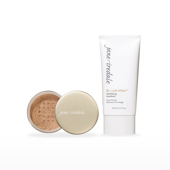 Amazing Base Loose Mineral Powder &amp; Smooth Affair Primer Bundle. Autumn - medium/dark with strong peach/gold undertones Ⓥ / Mattifying Face Primer Ⓥ. Included products grouped on white.