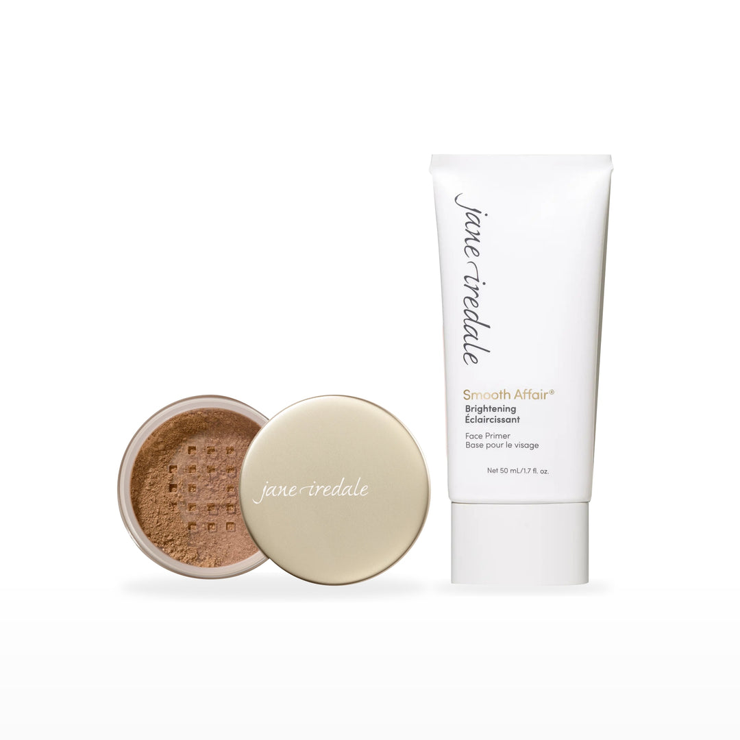 Amazing Base Loose Mineral Powder &amp; Smooth Affair Primer Bundle. Warm Brown - deep with gold/brown undertones Ⓥ / Brightening Face Primer. Included products grouped on white.