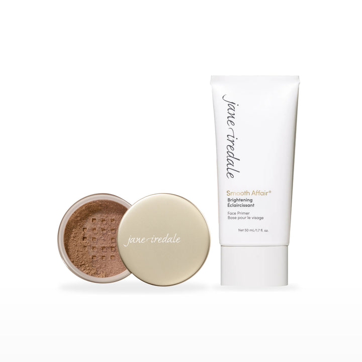 Amazing Base Loose Mineral Powder &amp; Smooth Affair Primer Bundle. Velvet - dark with gold/brown undertones Ⓥ / Brightening Face Primer. Included products grouped on white.