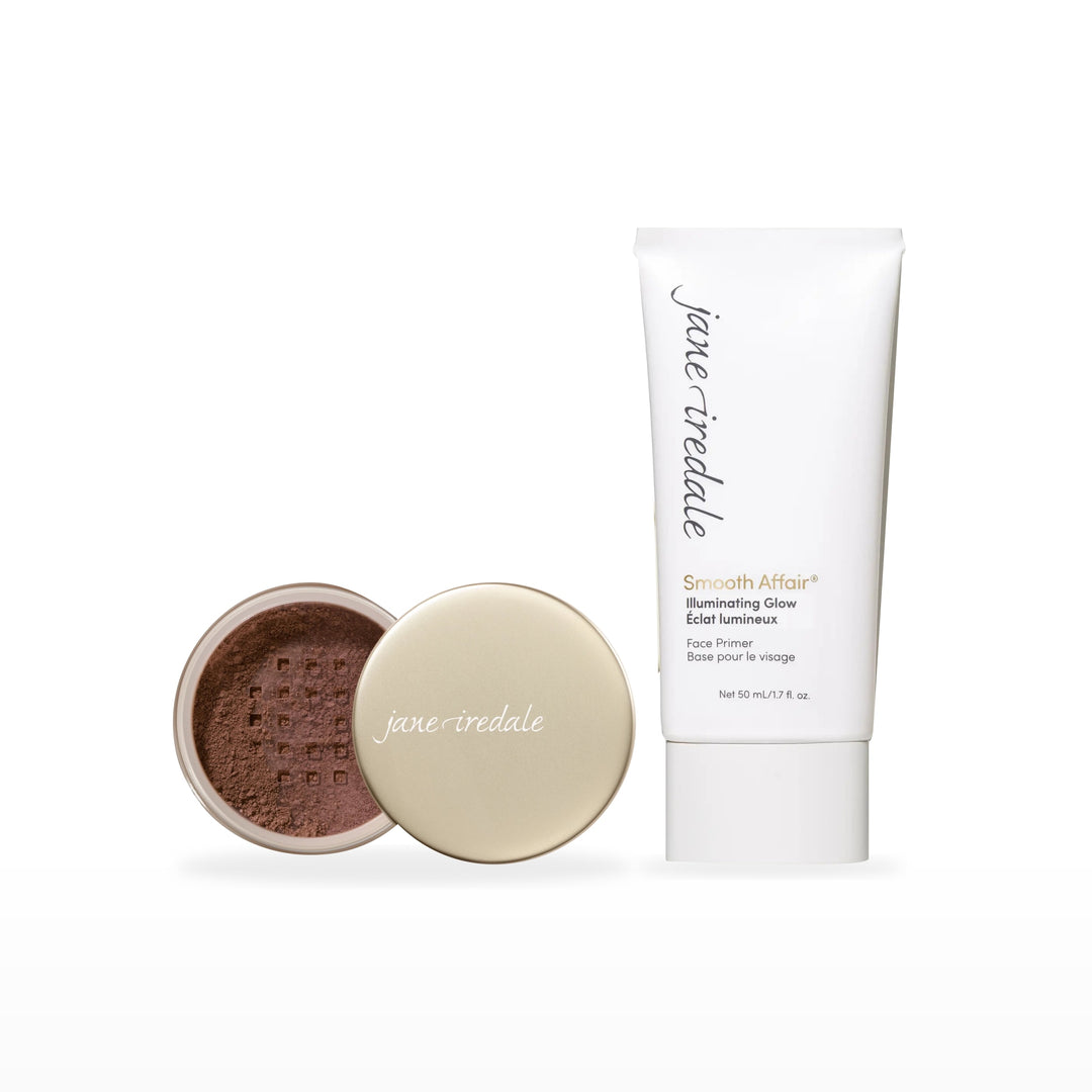 Amazing Base Loose Mineral Powder &amp; Smooth Affair Primer Bundle. Mahogany - deep with neutral brown undertones Ⓥ / Illuminating Glow Face Primer Ⓥ. Included products grouped on white.