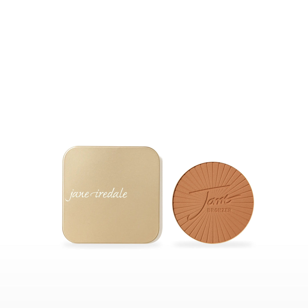 PureBronze Matte Bronzer Refill &amp; Refillable Compact Bundle. Medium – caramel brown Ⓥ / Dusty Gold. Included products grouped on white.