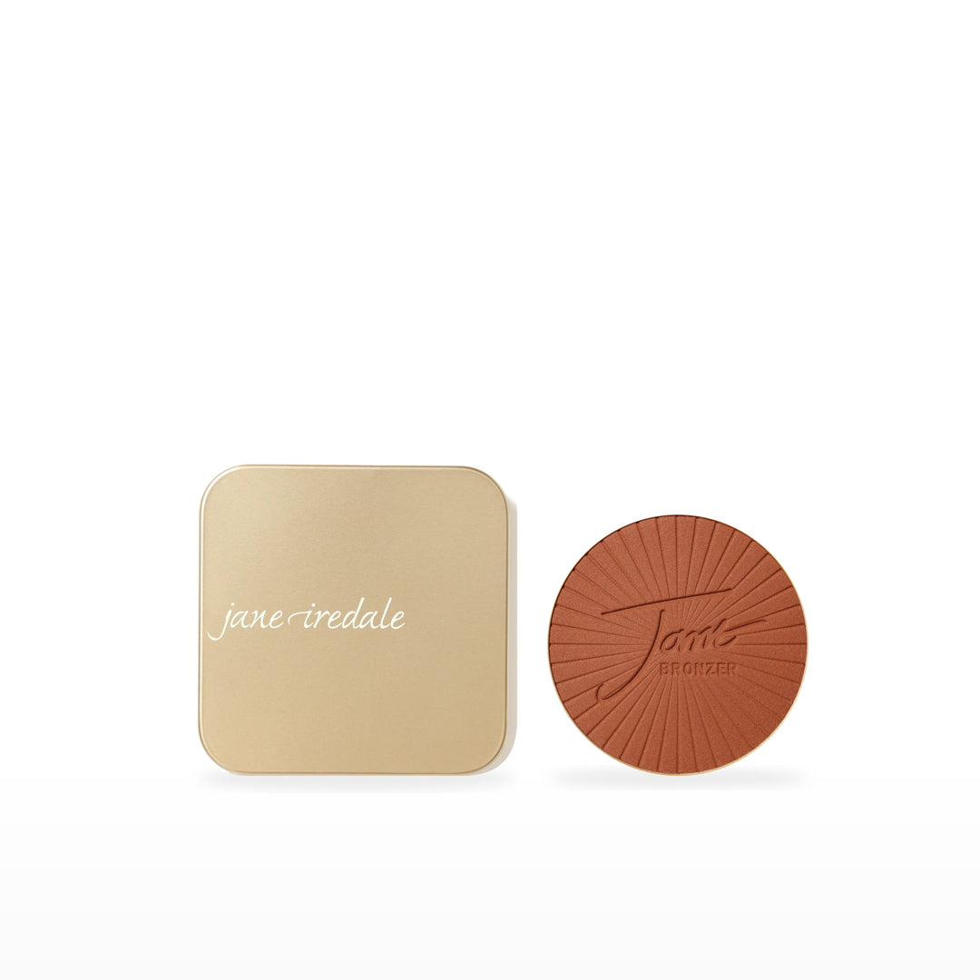 PureBronze Matte Bronzer Refill &amp; Refillable Compact Bundle. Dark – chocolate brown Ⓥ / Dusty Gold. Included products grouped on white.