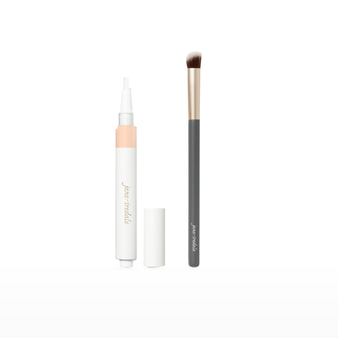 Skintuition Concealer &amp; Concealer Brush Bundle. F1 - fair with neutral undertones. Included products grouped on white.