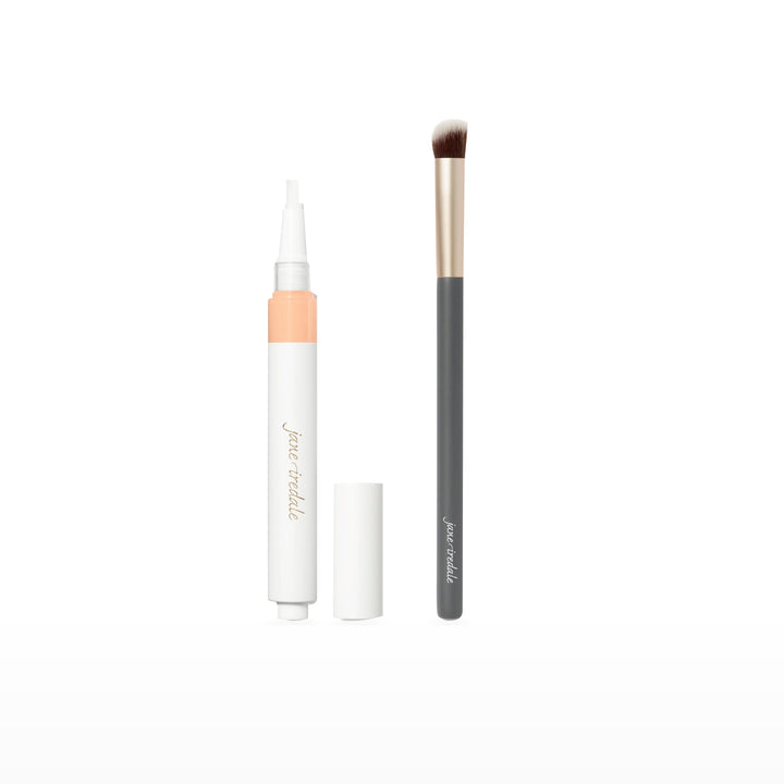 Skintuition Concealer &amp; Concealer Brush Bundle. LM4 - light medium with neutral undertones. Included products grouped on white.
