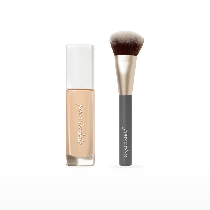 Skintuition Liquid Foundation &amp; Multiuse Blending Brush Bundle. 10 Fair - fair with neutral undertones Ⓥ. Included products grouped on white.