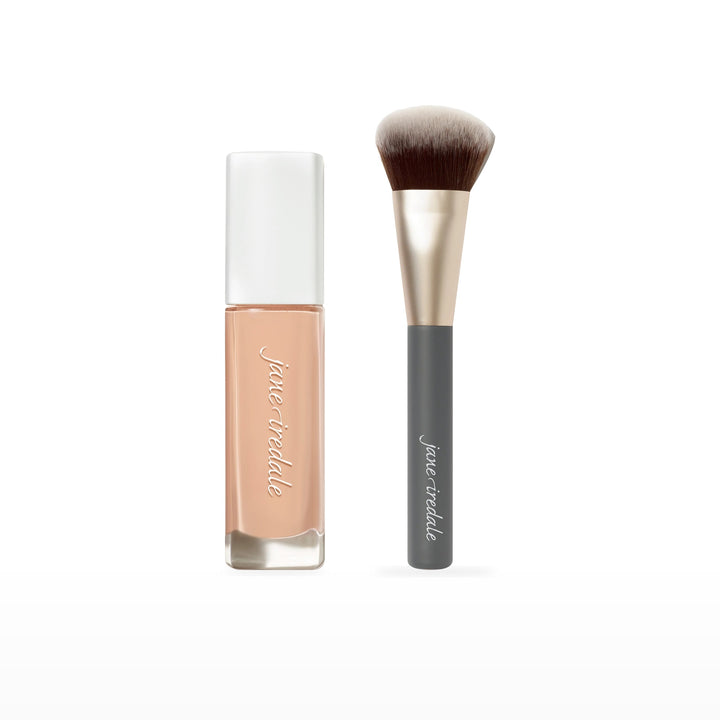 Skintuition Liquid Foundation &amp; Multiuse Blending Brush Bundle. 14 Fair - fair with cool pink undertones Ⓥ. Included products grouped on white.