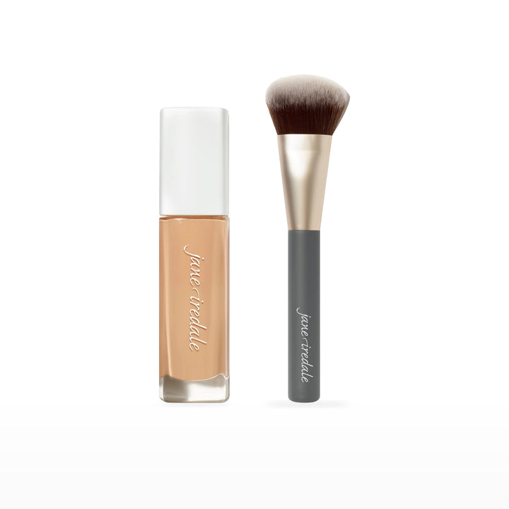 Skintuition Liquid Foundation &amp; Multiuse Blending Brush Bundle. 24 Light - light with warm yellow undertones Ⓥ. Included products grouped on white.