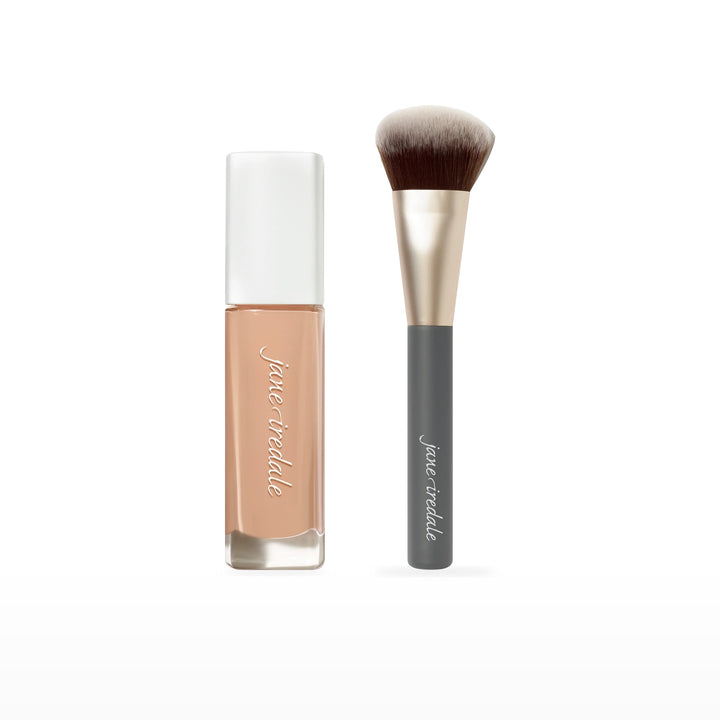 Skintuition Liquid Foundation &amp; Multiuse Blending Brush Bundle. 26 Light - light with cool pink undertones Ⓥ. Included products grouped on white.