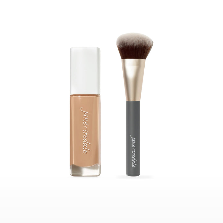 Skintuition Liquid Foundation &amp; Multiuse Blending Brush Bundle. 28 Light - light with neutral undertones Ⓥ. Included products grouped on white.