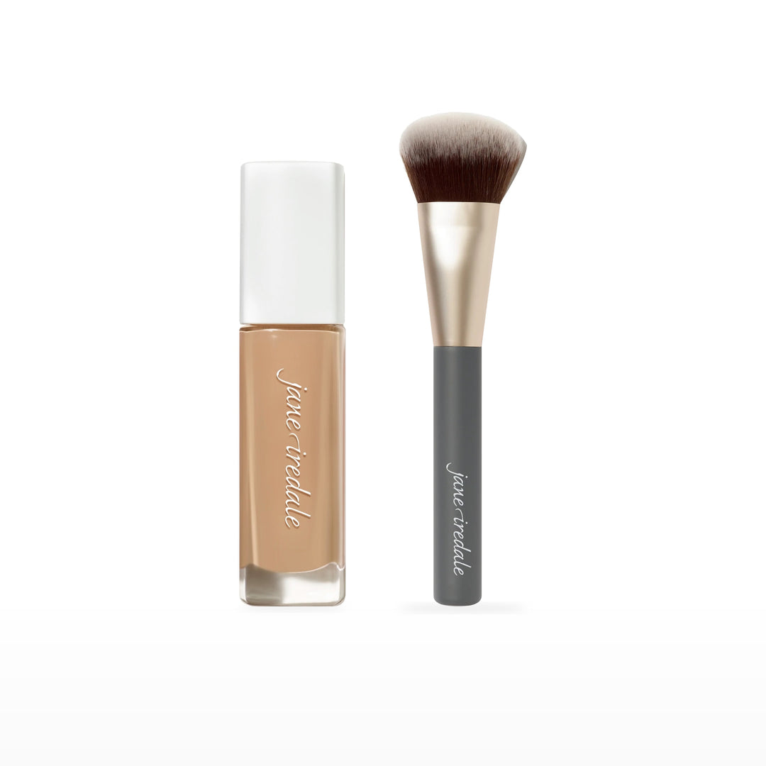 Skintuition Liquid Foundation &amp; Multiuse Blending Brush Bundle. 30 Light Medium - light medium with warm peach undertones Ⓥ. Included products grouped on white.