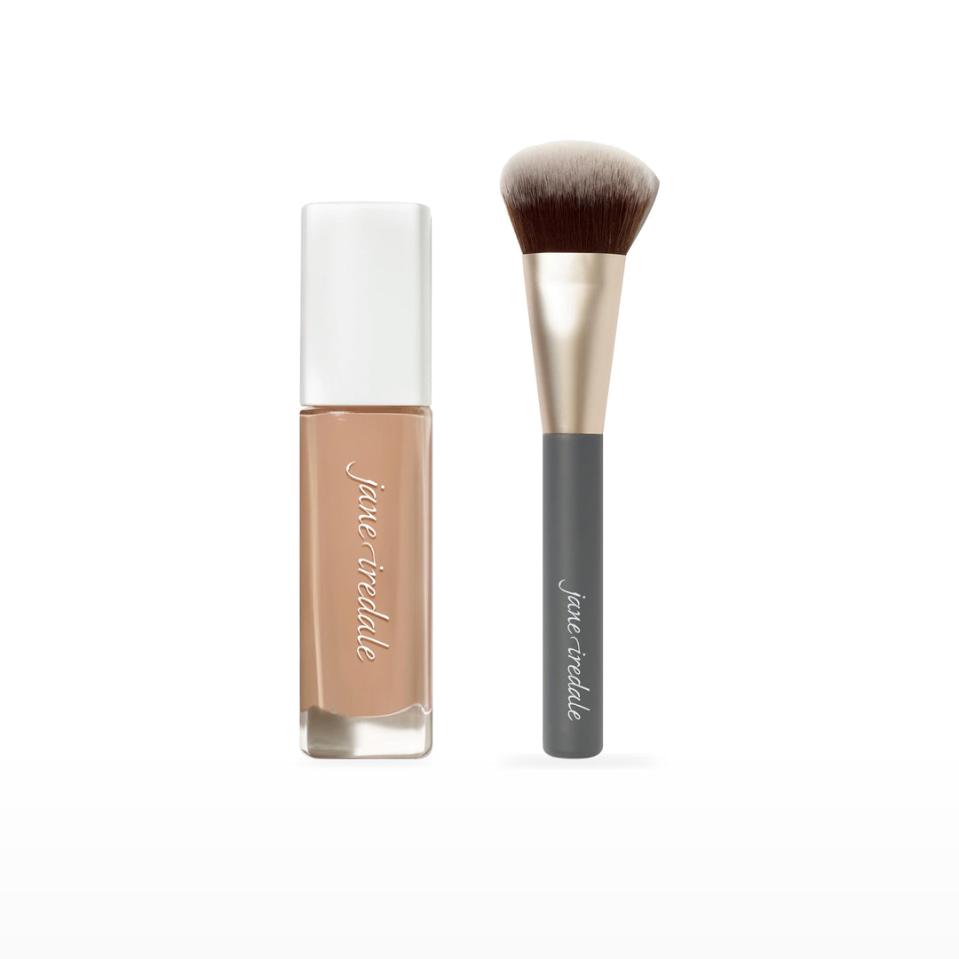Skintuition Liquid Foundation &amp; Multiuse Blending Brush Bundle. 34 Light Medium - light medium with cool pink undertones Ⓥ. Included products grouped on white.