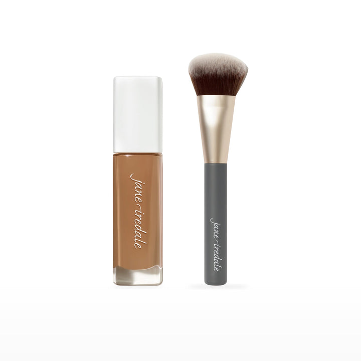 Skintuition Liquid Foundation &amp; Multiuse Blending Brush Bundle. 56 Medium Dark - medium dark with warm olive undertones Ⓥ. Included products grouped on white.