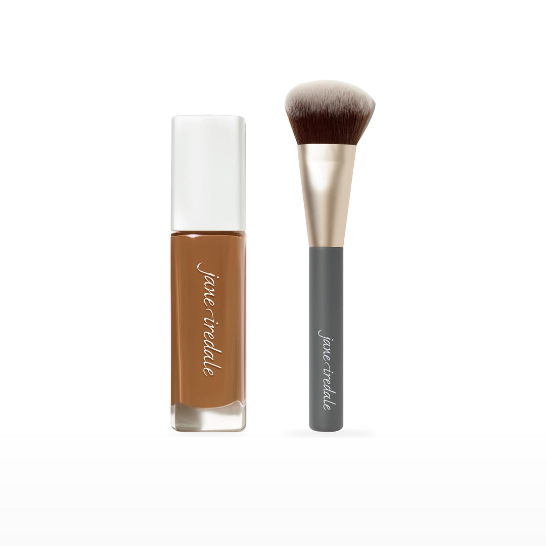 Skintuition Liquid Foundation &amp; Multiuse Blending Brush Bundle. 60 Dark - dark with neutral undertones Ⓥ. Included products grouped on white.