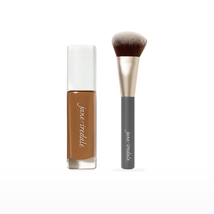Skintuition Liquid Foundation &amp; Multiuse Blending Brush Bundle. 60 Dark - dark with neutral undertones Ⓥ. Included products grouped on white.
