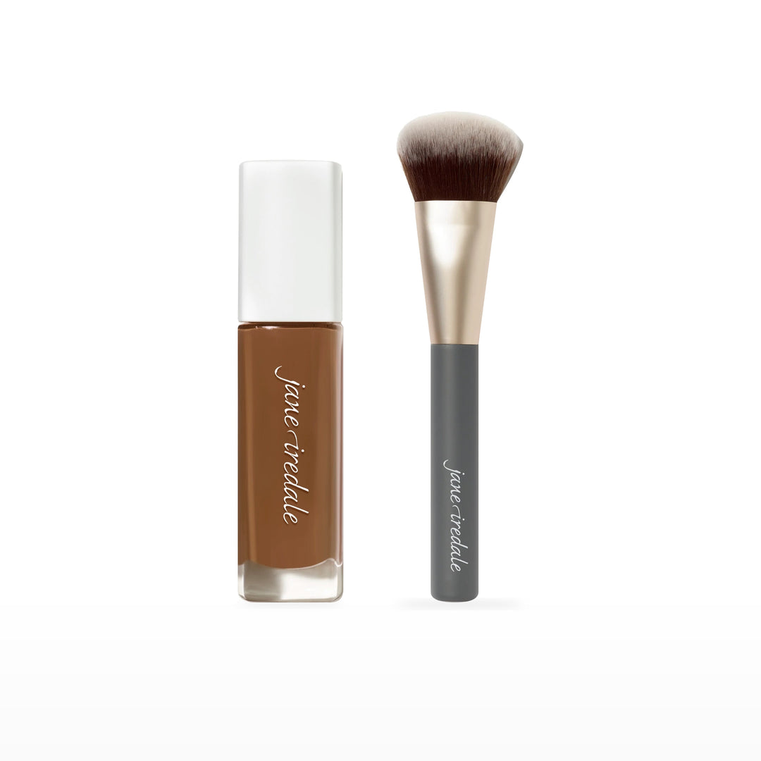 Skintuition Liquid Foundation &amp; Multiuse Blending Brush Bundle. 64 Dark - dark with warm gold undertones Ⓥ. Included products grouped on white.